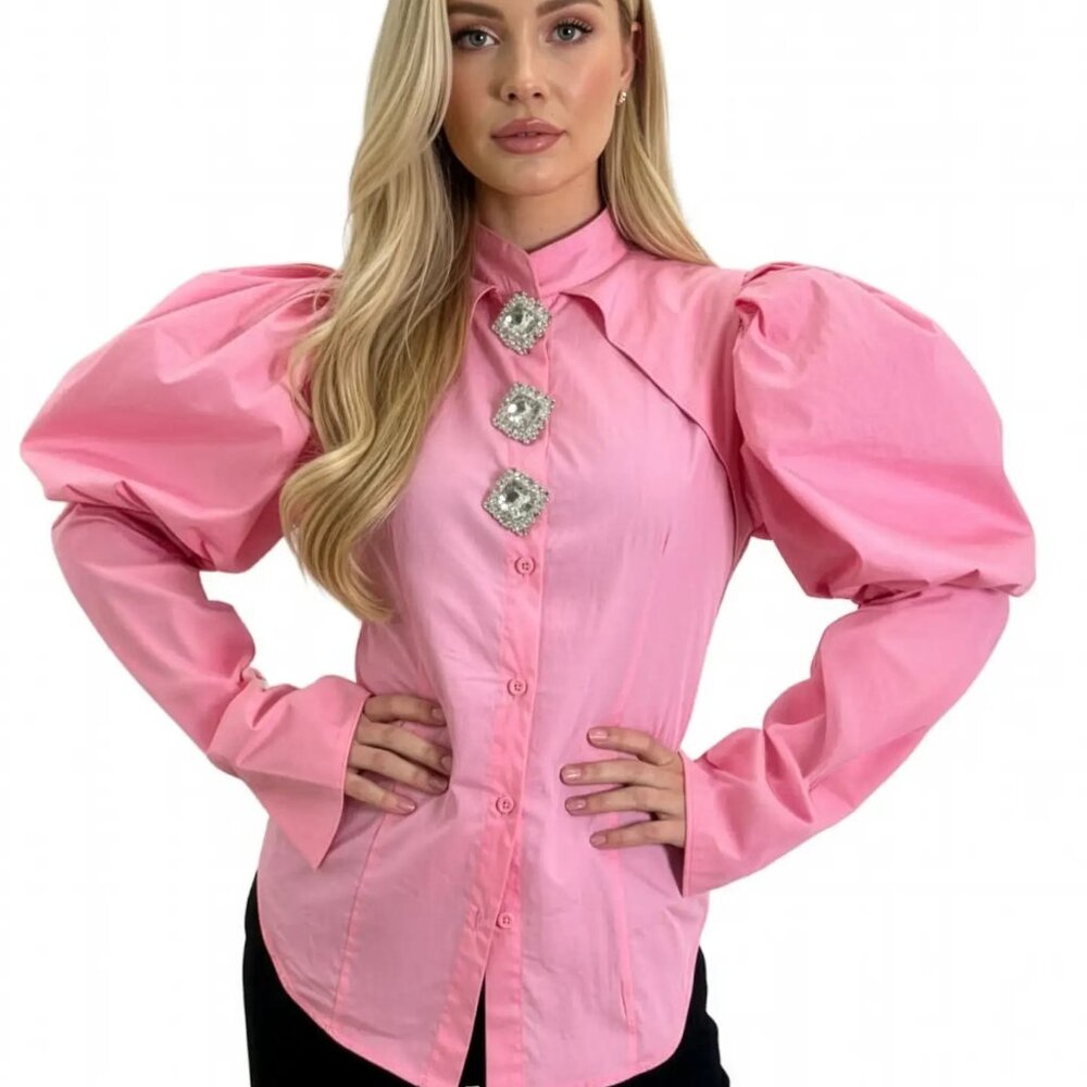 Pink Puff Sleeve Rhinestone Button Blouse – Statement Cotton Top | N by Nancy |